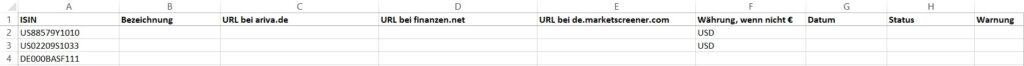 Screenshot von der Excel-Datei mit der Aktienliste. Es sind nur ein paar ISINs und als Währung USD für die amerikanischen eingetragen.