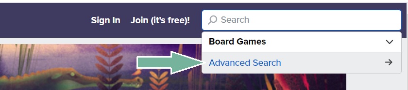 Screenshot Advanced Search bei BoardGameGeek