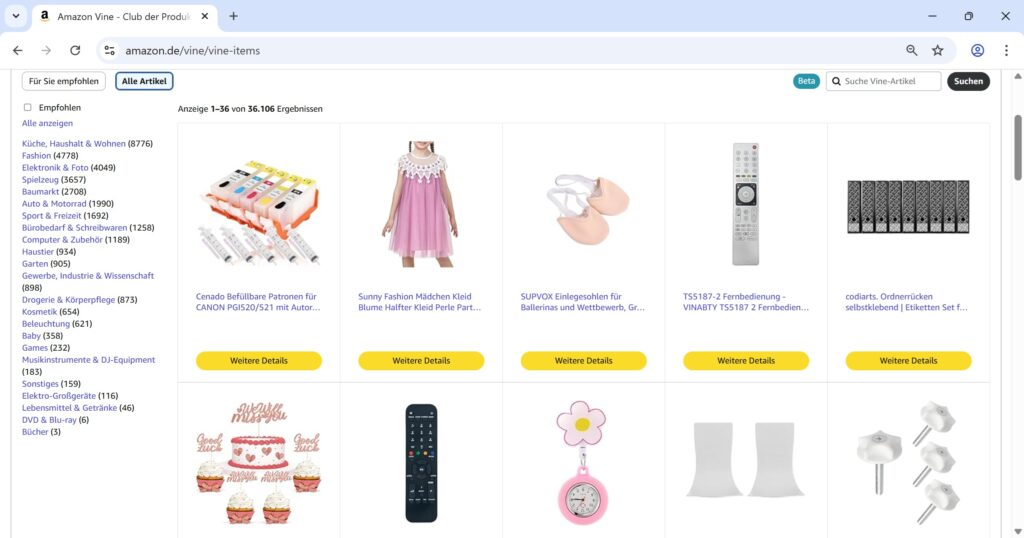 Screenshot aus dem Amazon Vine Club mit der Liste aller Produkte