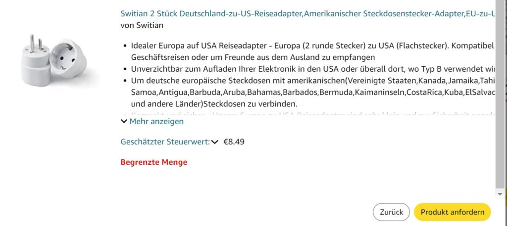 Beispiel aus Amazon Vine mit geschätztem Steuerwert