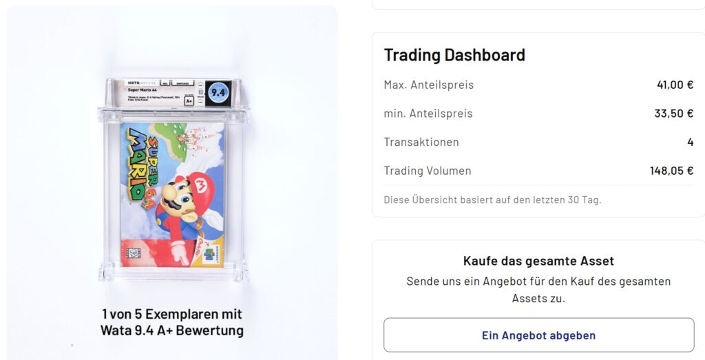 Screenshot von einem Timeless-Asset (Spiel Nintendo Super Mario 64) mit Trading Dashboard