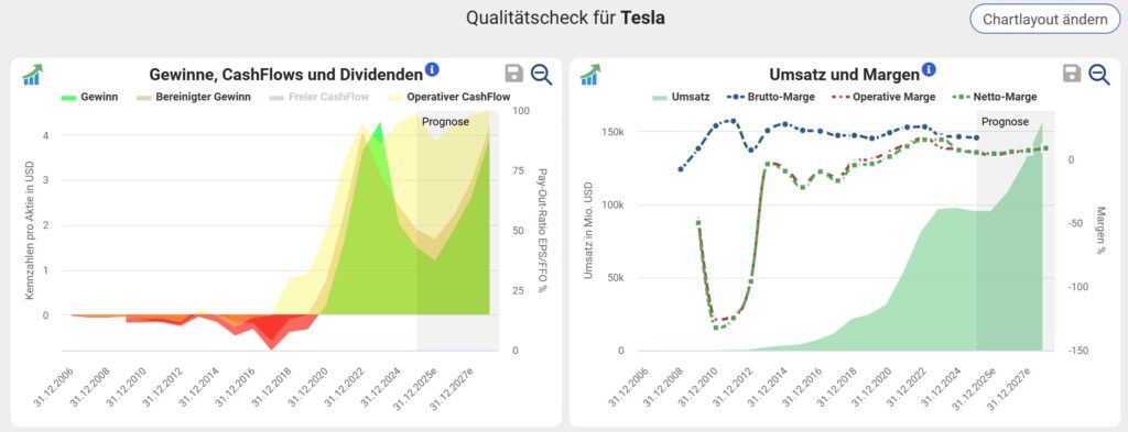 Gewinn, Cashflow, Umsatz, Margen für Tesla Dezember 2025