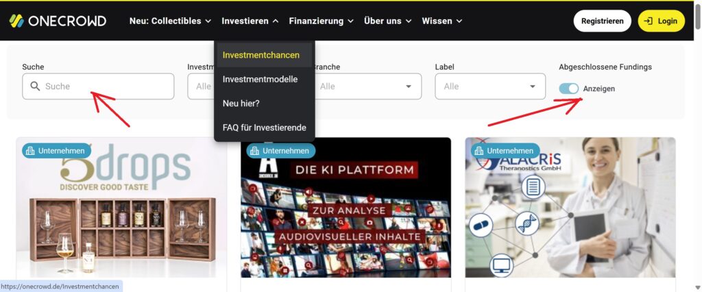 Screenshot von der OneCrowd-Webseite, so findet man die Seedmatch-Investments