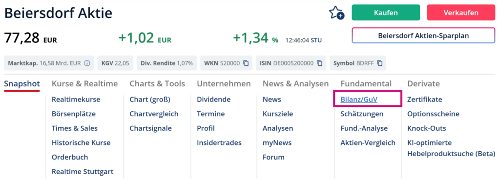 Screenshot von finanzen.net: Menü zu einer Aktie