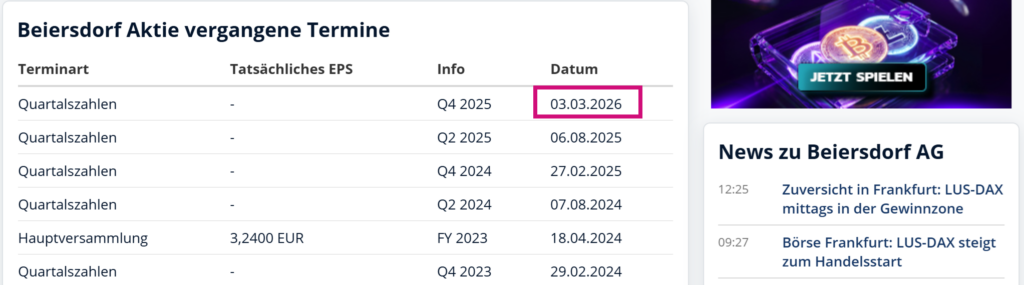 Screenshot von finanzen.net: vergangene Termine